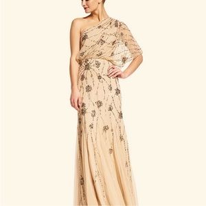 ADRIANNA PAPELL ONE SHOULDER BEADED GOWN IN NUDE Size 8
